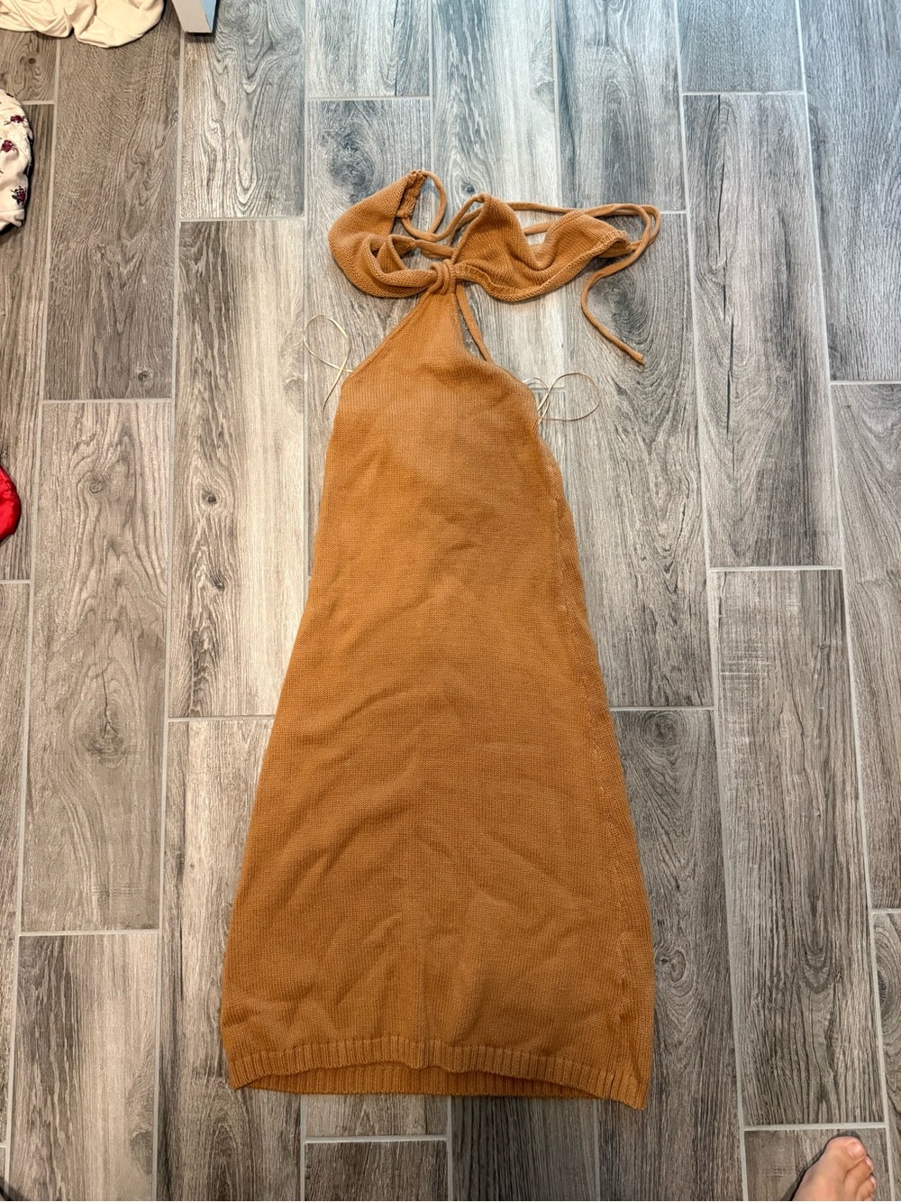 Petal & Pup Backless Halter Knit Midi Dress in Camel Brown